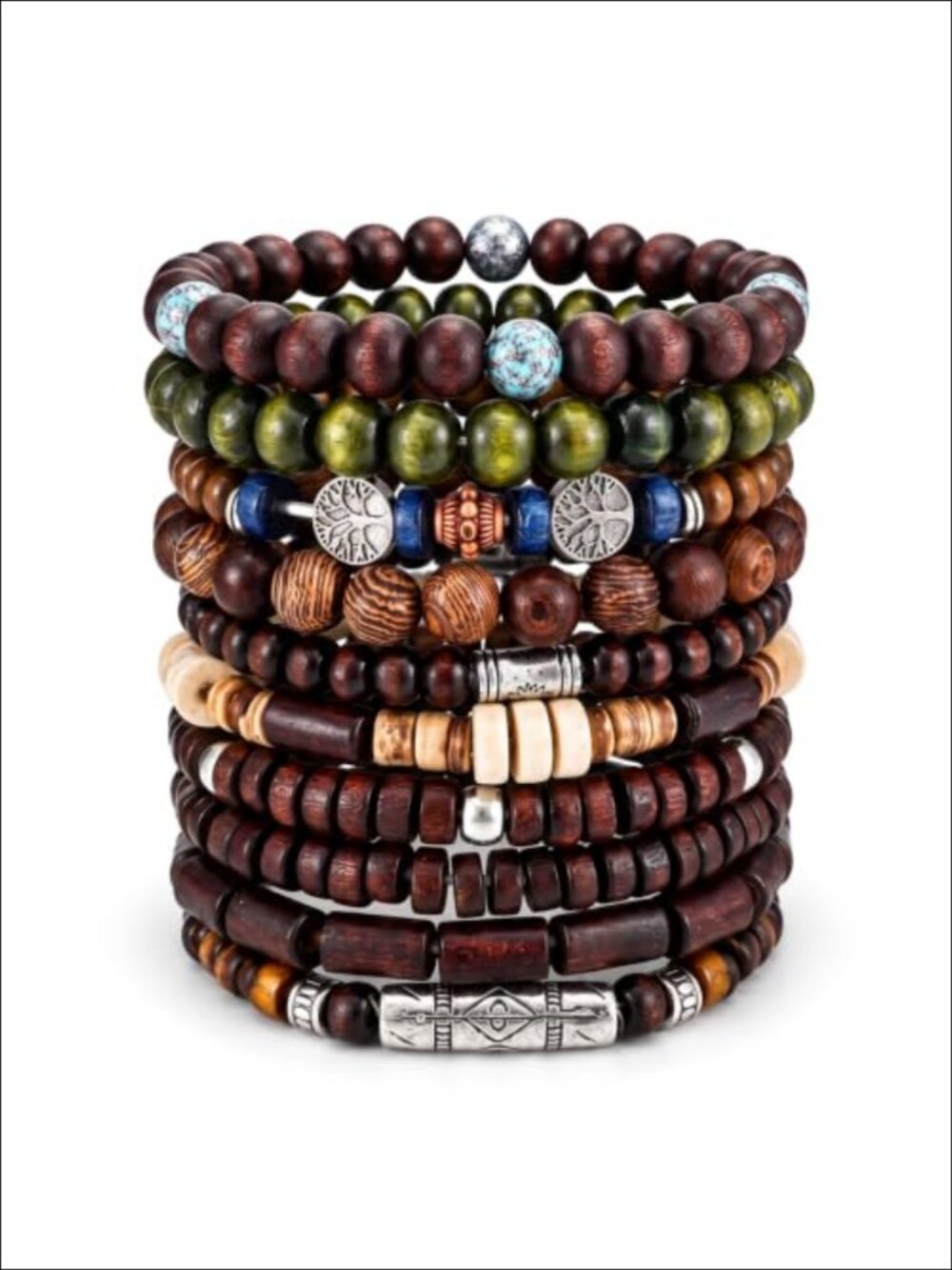 Handcrafted Wooden Beaded Bracelets Set Leather Waxed Thread Elastic Stackable